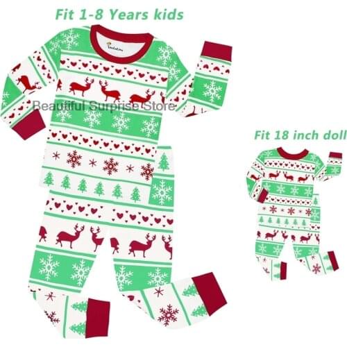 Christmas Girls Pajamas With Doll Multi-color Color Matching Design for 18 Inch Doll New Born Baby Sleepwear Casual Suit