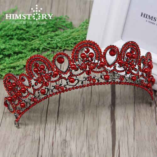 HIMSTORY Red Rhinestones Pearl Wedding Hair Crown Hair Accessory Gun Black Big European Princess Headdress Hairwear