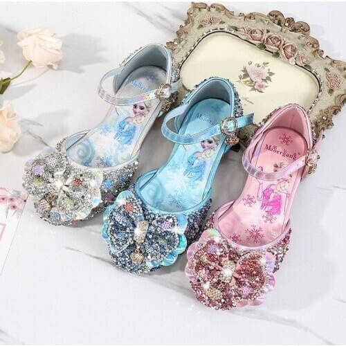 Disney Frozen Girls High Heel Princess Dance Sandals Kids Shoes Glitter Leather Fashion Girls Party Dress Wedding Elsa Shoes