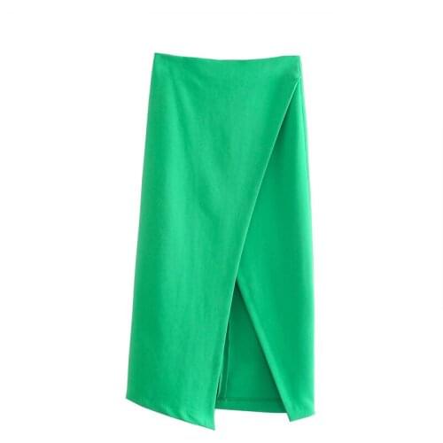 New Women 2021 Chic slit wrap skirt Green Vintage high-waist invisible in-seam back zip Female skirts Fashion casual za Dress