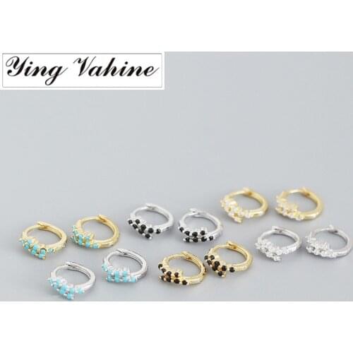 Ying Vahine 100% 925 Sterling Silver Blue Black White Zircons Round Circle Hoop Earrings for Women