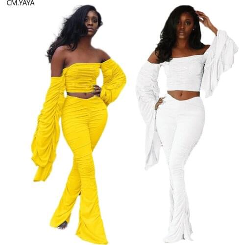 CM.YAYA Street Womens Set Two Piece Set Stacked Flare Sleeve Crtop Tops Stracked Flare Jogger Pants Suit Tracksuit Matching Set