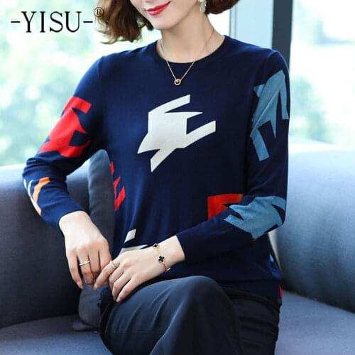 YISU Spring Autumn Wool Pullover Sweater Women High Quality Loose Knitted Sweaters Jumpers Female printing sweater Women