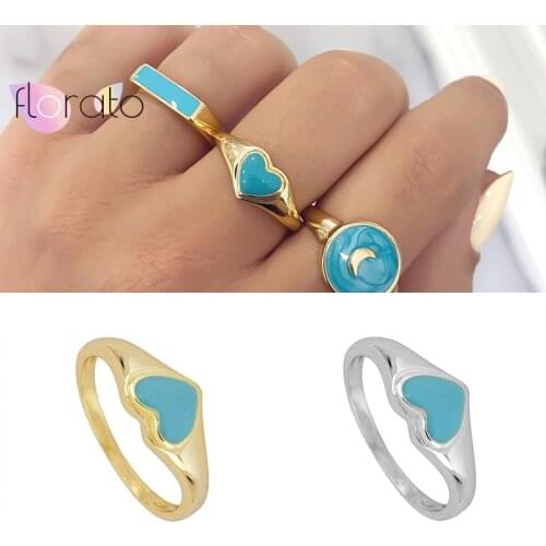 Heart Ring for Women Turquoise Enamel Ring Love Heart Round Ring Female Finger Jewelry Party Fashion Accessories