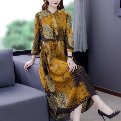 Spring Summer Vintage Print Mulberry Silk Midi Dress Women 2021 Boho Chiffon 4XL Plus Size Dress Elegant Bodycon Party Vestidos