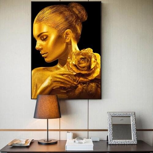 Golden Skin Woman with Rose Canvas Paintings On The Wall Art Posters And Prints Gold Jewellery Wall Pictures for Living Room