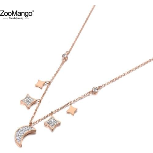 ZooMango Vintage Stainless Steel CZ Crystal Star Moon Charm Pendant Necklace Jewelry Trendy Choker Necklace For Women ZN19116