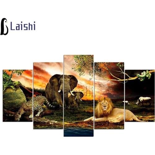 5pcs Diy Full Square Round Diamond Painting Lion Elephant Cheetah Nature Forest Modular African Wild Animal Embroidery Mosaic