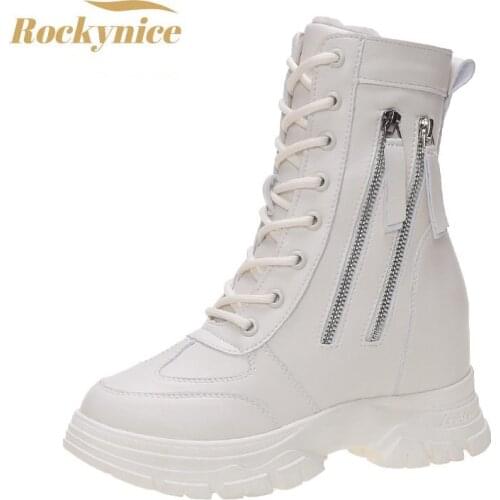 Womens Autumn Ankle Boots Leather Chunky Sneakers New 2021 Platform Short Boots 7.5cm Thick Bottom Winter Warm Motorcycle Boots