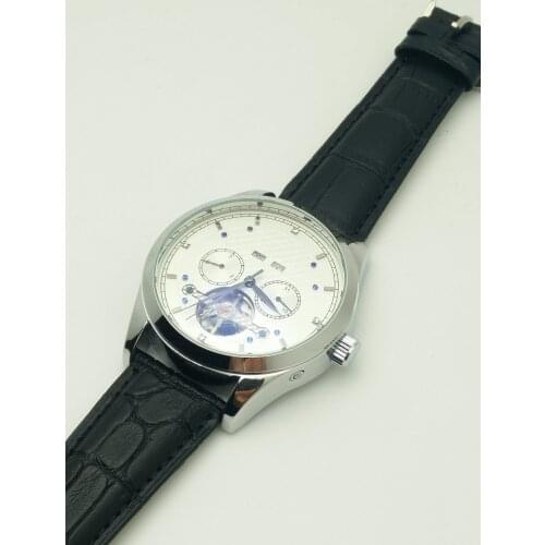 Super Flywheel Perpetual Calendar Watch Low Key White Dial Top Grade Men Mechanical Hand Wind Black Leather Strap Watches