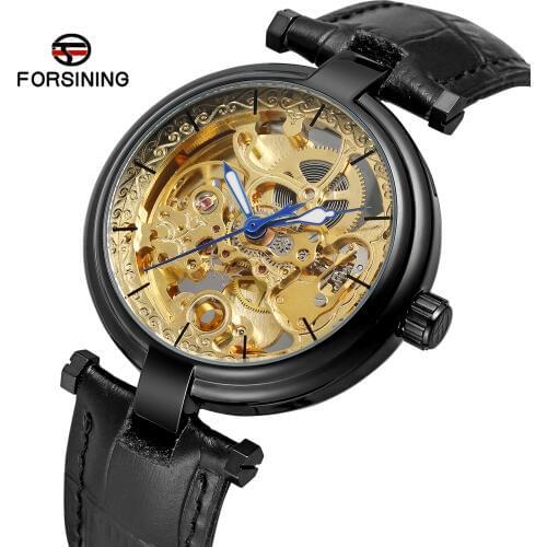 Forsining Retro Men Transparent Automatic Wrist Watch Unique Design Hollow Out Skeleton Leather Mechanical Clock Relojes Hombres