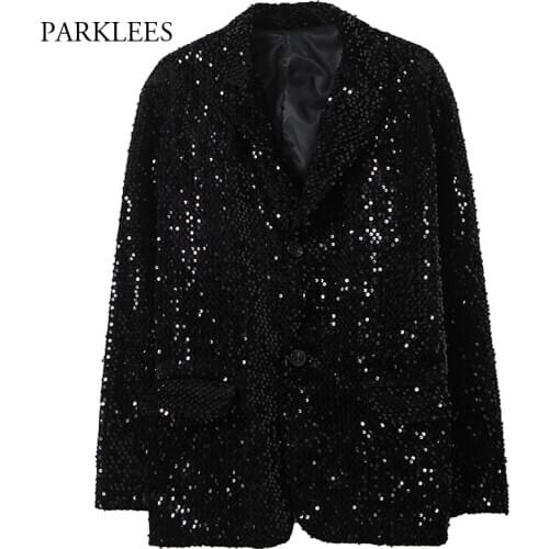 Black Sequin Shinny Shirt Jacket Men Casual Oversized Mens Blazer Stage Party Nightclub Costume Chemise Homme Disco Camisas