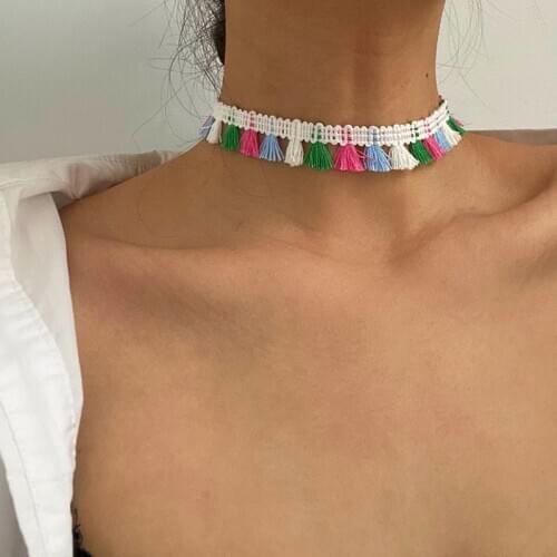 Vogallery Boho Tassels Chokers Necklaces Women Pink Green White Choker Fashion Lace Short Necklace Jewelry Summer Accessories