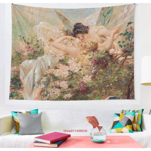 Two Fairies Embracing in a Landscape with a Swan Hans Zatzka tapestry Wall Hanging Astrology Divination Bedspread