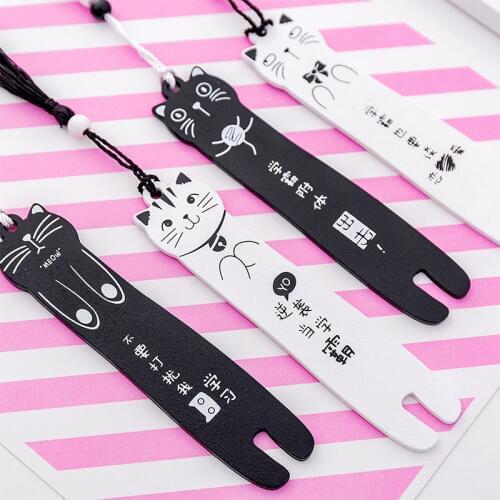 Kawaii Cartoon Cat Wooden Bookmarks for Books Creative Black White Color Bookmark Tassel Book Page Student Stationery Supplies