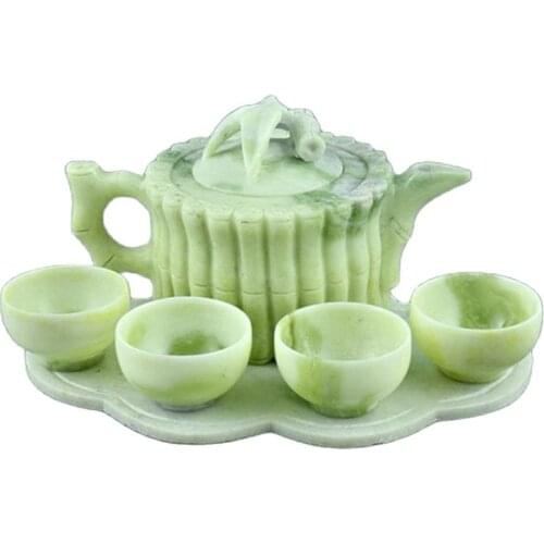 Lantian jade carved jade bamboo bamboo bundle teapot teapot four cups of tea Kung Fu