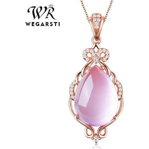 WEGARSTI Vintage 925 Sterling Silver Pear Rose Quartz Gemstone Birthstone Wedding Engagement Pendent Necklace Fine Jewelry