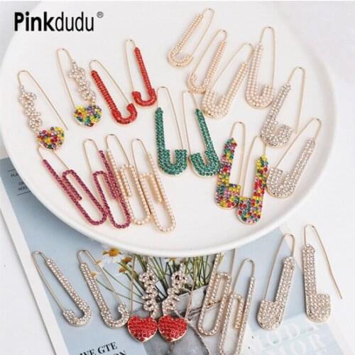 Pinkdudu Fashion Boho Simulated Pearl Ear Jewelry Unique Large Punk Colorful Crystal Safety Pin Clip Earrings For Women PD089