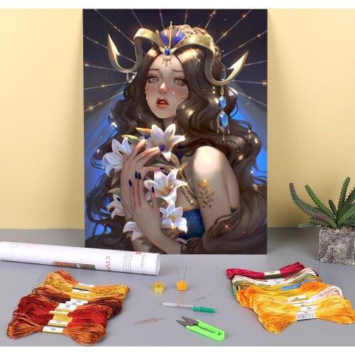 Cartoon Girl Woman Printed Canvas 11CT Cross Stitch DIY Embroidery Set DMC Threads Sewing Handmade Painting Counted