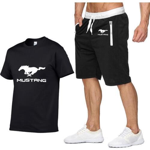 Mens Short sleeve Mustang car Logo Summer Mens t Shirt Harajuku T-Shirt high quality Cotton T Shirts shorts suit 2Pcs Sportswear