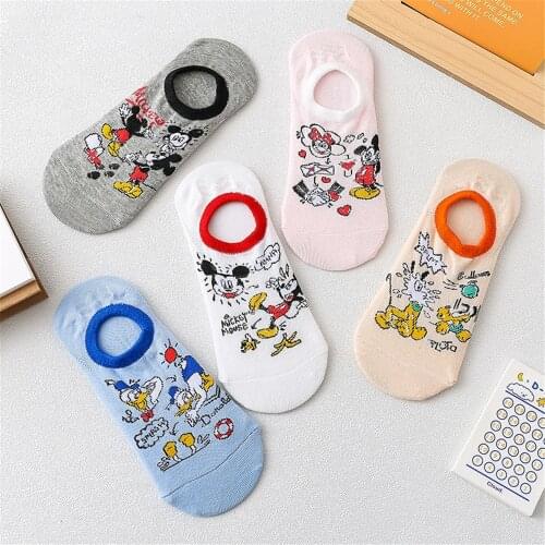 Disney Mickey Minnie Mouse Donald Duck 5 Pairs Summer Socks Women Cartoon Socks Cute Funny Invisible Cotton Ankle Sock