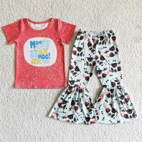 2021 RTS No Moq Infant Baby Girls Cow Print Short Sleeve Top Bell Bottom Pants Clothing Set Wholesale Kids Boutique Outfits