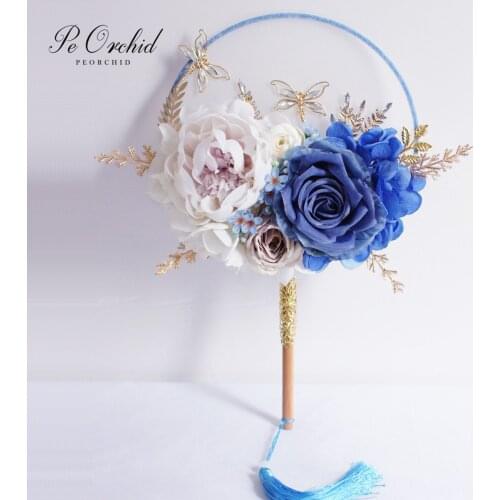 PEORCHID Blue Chinese Style Bridal Bouquet Fan Artificial Flowers Roses Beaded Brides Round Hand Fan Wedding Jewelry Accessories