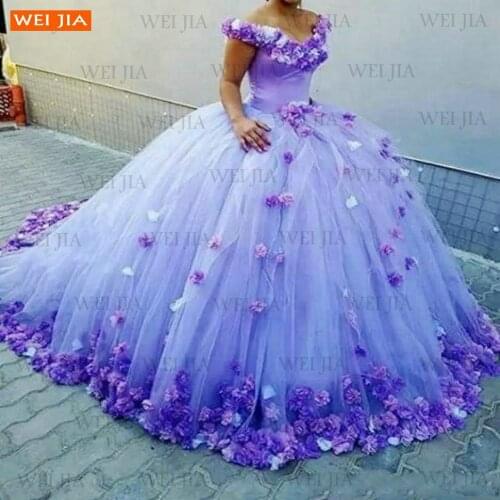 New Purple Ball Gown Wedding Dress 2021 Handmade Flowers Off Shoulder Fluffy Bridal Dresses Long Lace Up Orange Vestido De Noiva