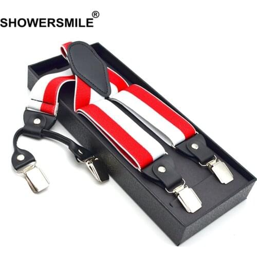 SHOWERSMILE Suspender Adult Elastic Striped Trouser Strap Red White Mens Braces Colorful 4 Clips Fashion Women Suspender 120cm