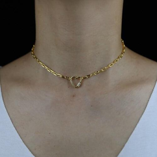 Luxury Heart Charm Pendant Necklace Gold Color Link chain white Cubic Zircon Choker Necklace kids bohemian women Fashion Jewelry