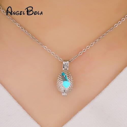Angel Bola Silver Color Chain Luminous Stone pendant Wishing Egg Cage ,Luxury Oyster Pearl Necklace Women Valentine gift