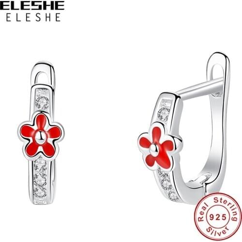 ELESHE Real 925 Sterling Silver Hoop Earrings With Crystal Red Enamel Small Flower Earrings for Baby Girls Kids Fine Jewelry
