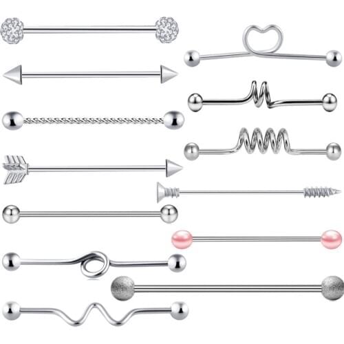 13PC Surgical Steell Industrial Barbell Bar Ear Ring Body Piercing Jewellery 14Gauge 38mm