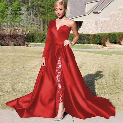 Navy Blue Red Dubai Evening Jumpsuit Dress With Overskirt Train Long Sleeve Muslim Evening Gown With Lace Pant Suits Party Gown