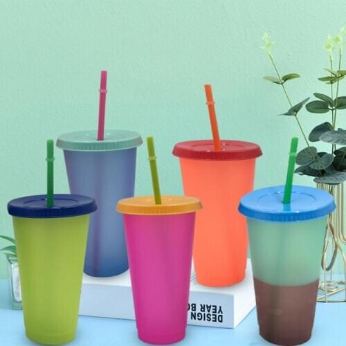 1/5pcs 700ml PP Temperature-sensitive Plastic Cold Drink Cup Reusable Color Changing Cold Cup Tumbler Lid Straw Cup Plastic Mugs