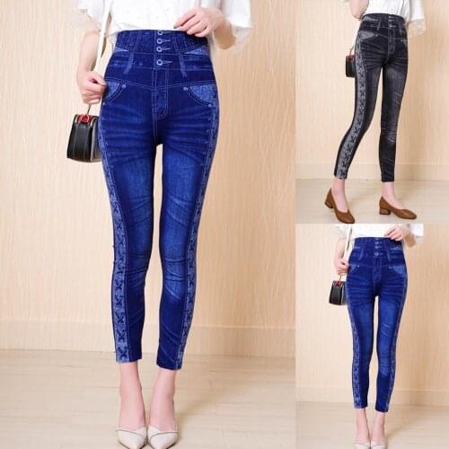 Imitation Jeans Leggings Rope Knot Pattern High Stretchy Women Push Up All Match Faux Denim Jeggings Harem Pants Streetwear 2021