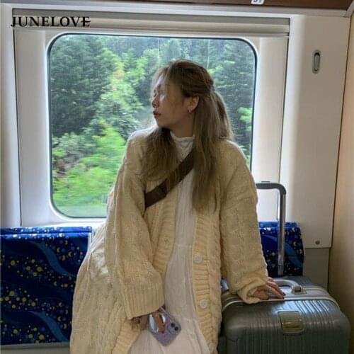 JuneLove Mid Length Loose Over Knee Knitted Sweater Cardigan Women Autumn Winter New Cardigan Pour Femme Cardigan Ladies Winter