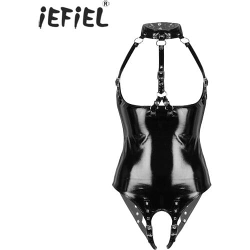 Womens Wet Look Halter Neck Bodysuit Open Cups Bra Tops with Crotchless Adjustable Buckle Briefs Sexy Leotard Lingerie Jumpsuit