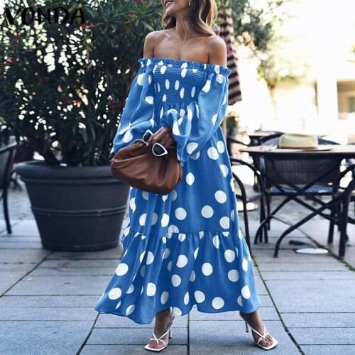Off Shoulder Dress 2021 VONDA Women Long Sleeve Sexy Polka Dot Print Holiday Strapless Dress Casual Party Vestidos Femme Robe