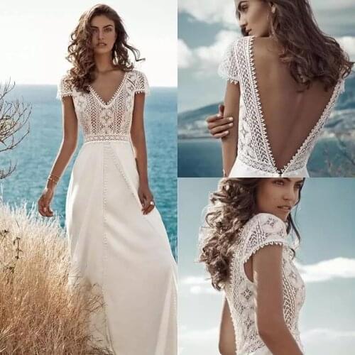 2021 Boho Wedding Dress Lace Chiffon V-neck Halter Beach Bridal Dress Hat Sleeveless Sweeping Train Bridal Dress A Line