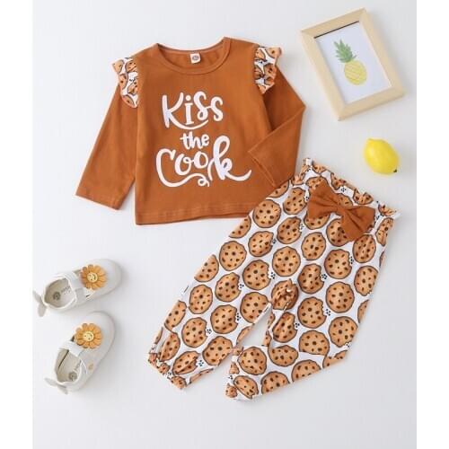 Winter Kids Outfits Fashion Clothes Baby Girl Clothes Set 2pcs Letter Long Flying Sleeve Tops+bow Cookies Print Trousers 0-18M