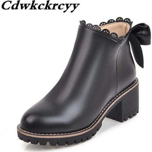 Promotion Korean Edition Autumn fashion Sweet girl lace Ankle boots Coarse heel Bow white woman Short boots plus size 34-39