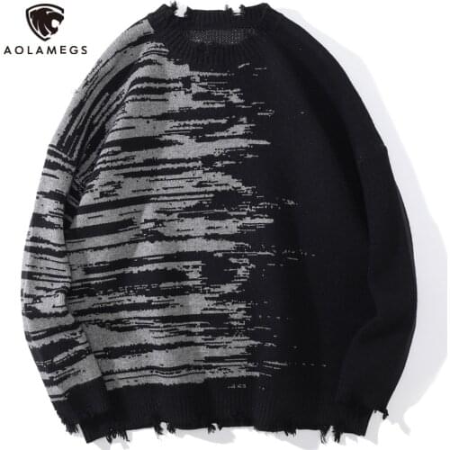 Aolamegs Sweater Men Gradient Hole Ripped Knitted Pullover Autumn Casual O-Neck All-match Hipster High Street Jumper Streetwear