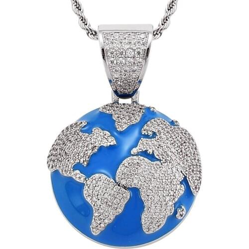 AZ Iced Out Blue Earth Pendant Necklace with Long Tennis Chain Paved Cubic Zircon For Women Men’s Hip Hop Pendant Jewelry Gifts