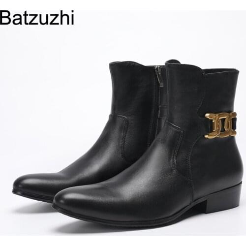 Batzuzhi Western Cowboy Mens Boots Shoes Pointed Toe Black Genuine Leather Short Boots Men Zip Motorcycle Ankle Boots for Men