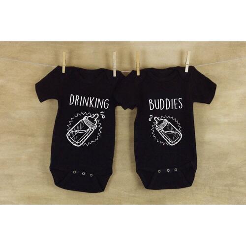 DERMSPE Summer New Style Baby Girls Boys Rompers Short Sleeve Print Letter Drinking Buddies Newborn Baby Clothes Jumpsuit Black