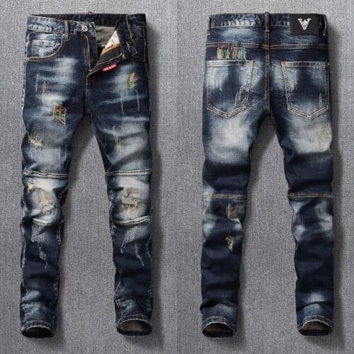 Fashion Streetwear Men Jeans Retro Black Blue Elastic Slim Fit Ripped Jeans Men Spliced Embroidery Designer Hip Hop Biker Pants