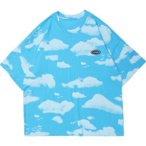 2021 Summer Hip Hop Streetwear Shirts Male Harajuku Blue Sky Cloud Print Casual Oversized Mens Cotton T-shirt Short Sleeve Top