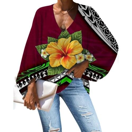 HYCOOL Spring Women Hawaii Flower Polynesian Shirts Long Sleeve Chiffon Shirts Loose V-Neck Sexy Blouses For Women Club Cloth