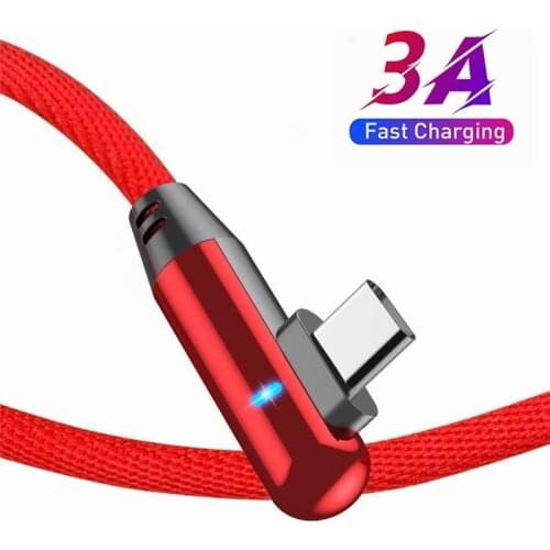 90 Degree USB Type C Cable 3A Fast Charging Data Cord For Samsung Huawei Redmi Note 9 Mobile Phone USB C LED Quick Charger Wire